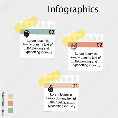 Visualization of business data, infographics. Scheme of the process of elements using graphics, diagrams for three stages, numbers, options, parts. Business vector for presentation.
