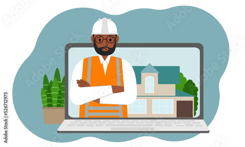 The concept of online consultation in construction. Laptop with an image of an engineer builder and a house.