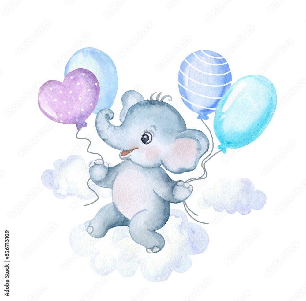 Baby elephant with balloons in the clouds isolated on a white ...