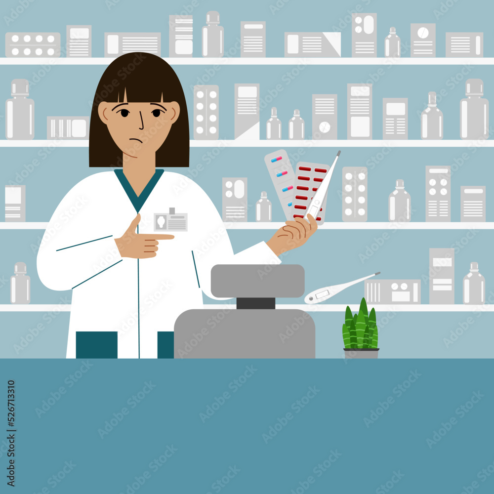 Pharmacist at the pharmacy behind the counter. A female pharmacist holds medicines in his hand. Pharmacist at the pharmacy behind the counter. A female pharmacist holds medicines in his hand.