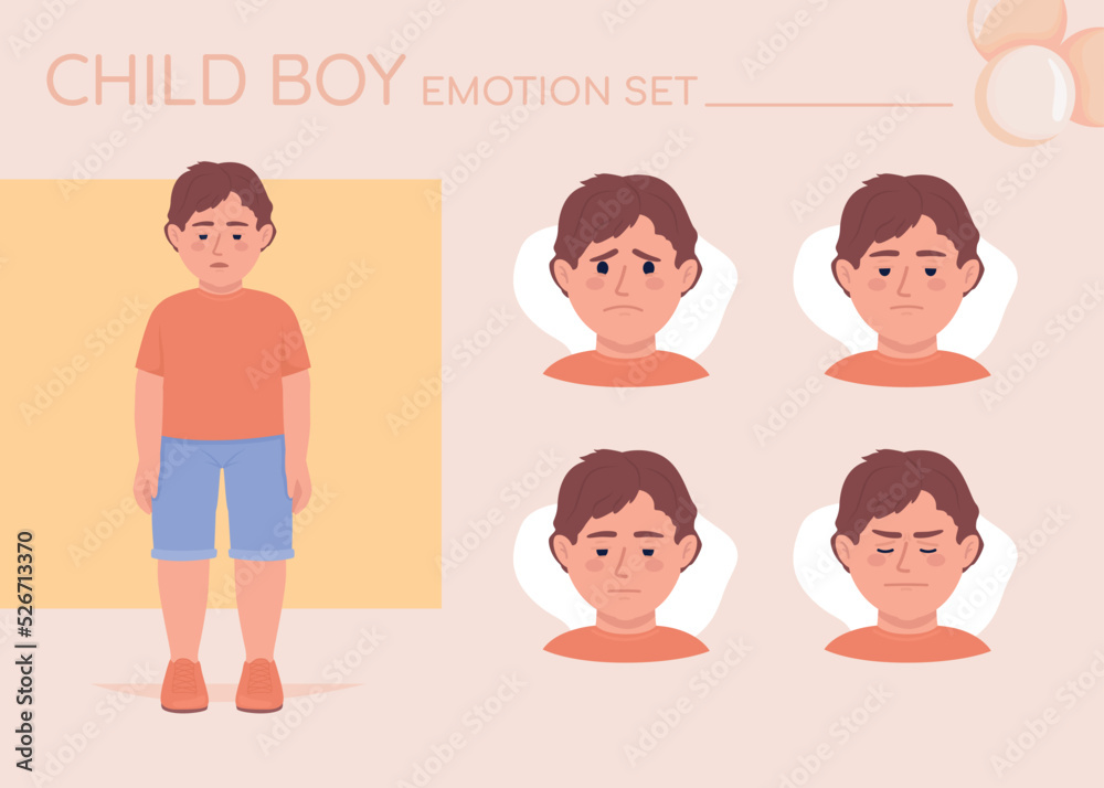 Ashamed little boy semi flat color character emotions set. Editable facial expressions. Shying child vector style illustration for motion graphic design and animation. Quicksand font used Ashamed little boy semi flat color character emotions set. Editable facial expressions. Shying child vector style illustration for motion graphic design and animation. Quicksand font used