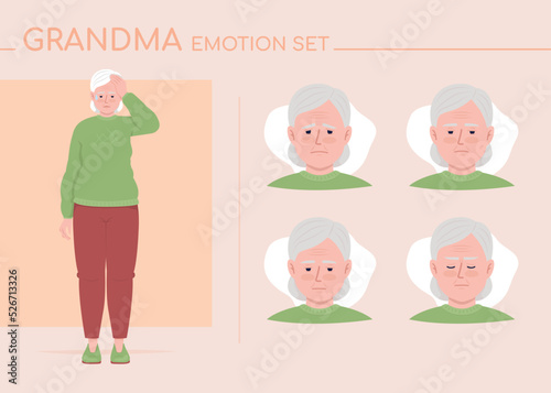 Concerned old woman semi flat color character emotions set. Editable facial expressions. Discomfort vector style illustration for motion graphic design and animation. Comfortaa font used