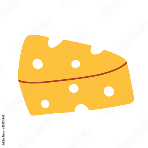Piece of cheese icon, vector doodle illustration of yellow triangular cheese, product in supermarket and dairy store, isolated colored clipart on white background