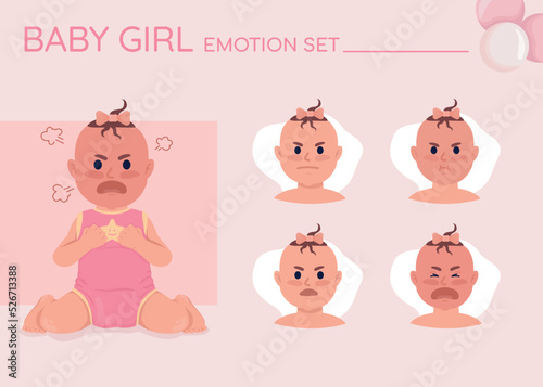 Angry baby girl semi flat color character emotions set. Editable facial expressions. Strong feeling vector style illustration for motion graphic design and animation. Quicksand font used