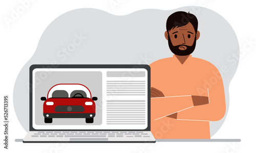 The concept of renting or buying a car. A man with a laptop on which site about the car.
