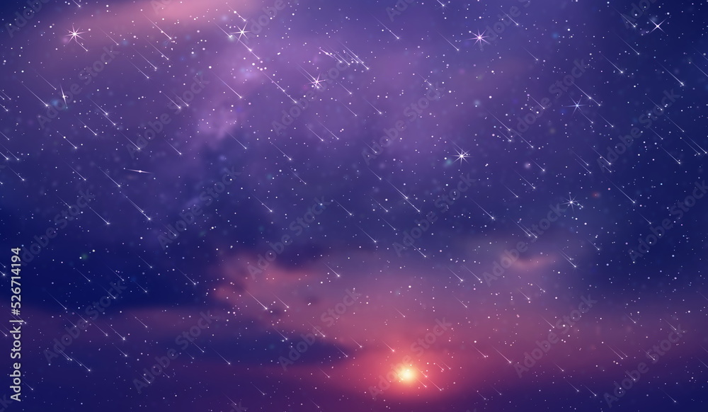 Naklejka premium purple blue starry sky nebula comet meteor stars fall shower lilac pink reflection on sea with planet flares universe nebula telescope