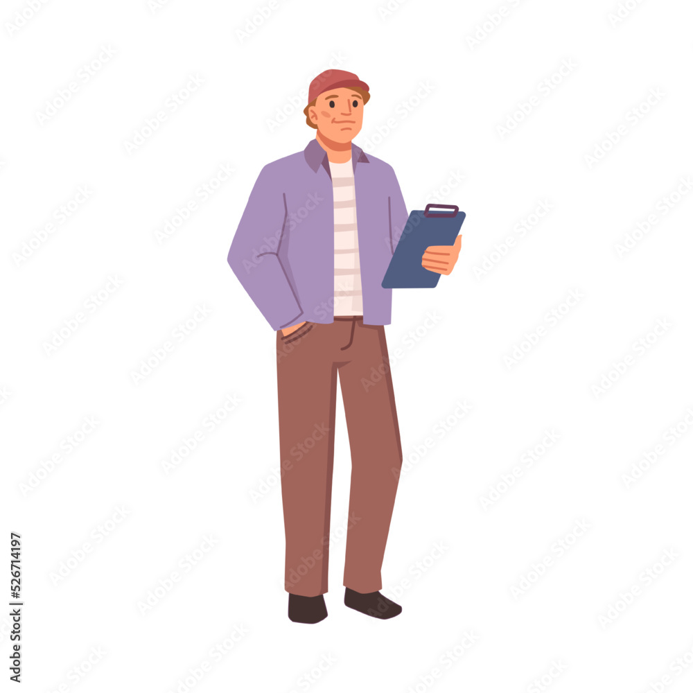 Agronomist or entrepreneur holding notebook with information about business. Agricultural occupation, management of farming process. Vector in flat style, flat cartoon character Agronomist or entrepreneur holding notebook with information about business. Agricultural occupation, management of farming process. Vector in flat style, flat cartoon character
