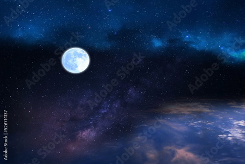  purple blue starry sky and full moon sunset nebula comet meteor stars fall shower lilac pink reflection on sea with planet flares universe nebula telescope © Aleksandr