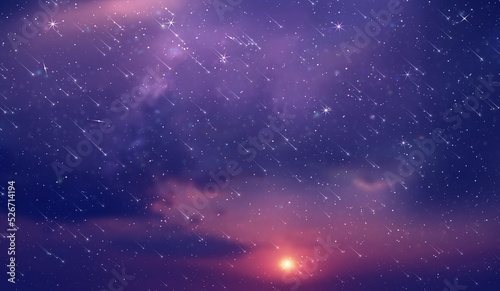  purple blue starry sky nebula comet meteor stars fall shower lilac pink reflection on sea with planet flares universe nebula telescope