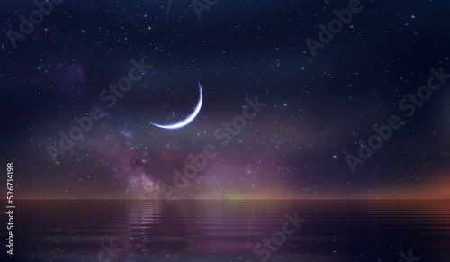  purple blue starry sky and full moon sunset nebula comet meteor stars fall shower lilac pink reflection on sea with planet flares universe nebula telescope