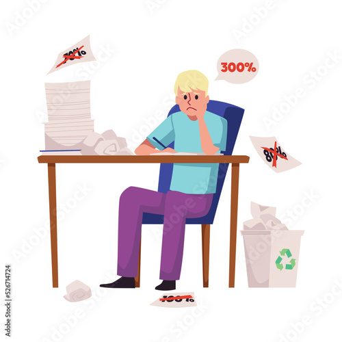 Perfectionist and hard worker man calculating percents, flat vector illustration isolated on white background.
