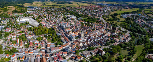 Aerial view around the old town of the city Crailsheim in Germany, Bavaria on a sunny summer day.