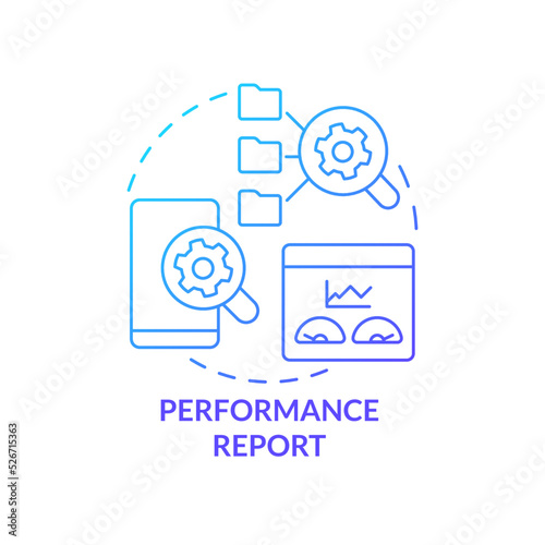 Performance report blue gradient concept icon. Data and information analysis. Mobile first design testing abstract idea thin line illustration. Isolated outline drawing. Myriad Pro-Bold font used