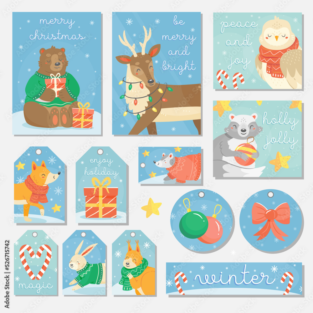 Collection of cards, tags, postcards, labels for New Year and Christmas with cute forest animals in cartoon style. Vector concept illustration.