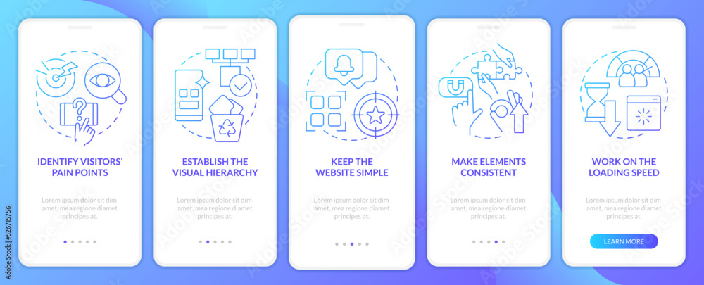 Mobile first key elements blue gradient onboarding mobile app screen. Walkthrough 5 steps graphic instructions with linear concepts. UI, UX, GUI template. Myriad Pro-Bold, Regular fonts used