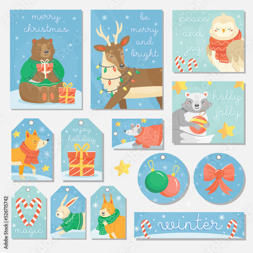 Collection of cards  tags  postcards  labels for New Year and Christmas with cute forest animals in cartoon style. Vector concept illustration.