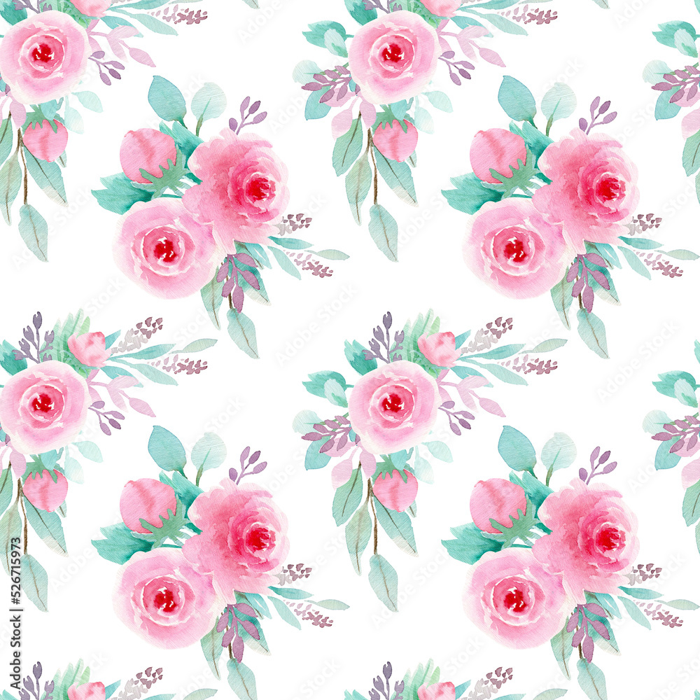 Watercolor seamless pattern. Hand drawing botanical illustration with pink roses bouquet and white backgraund. Floral Design. Perfect for invitations, wrapping paper, textile, fabric, poster, packing