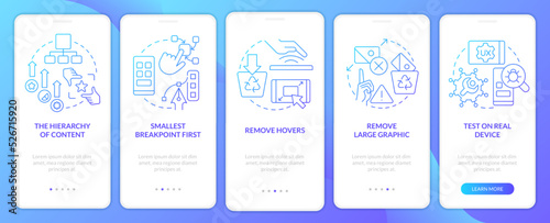 Mobile first design process blue gradient onboarding mobile app screen. Walkthrough 5 steps graphic instructions with linear concepts. UI, UX, GUI template. Myriad Pro-Bold, Regular fonts used