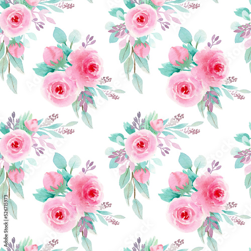 Watercolor seamless pattern. Hand drawing botanical illustration with pink roses bouquet and white backgraund. Floral Design. Perfect for invitations, wrapping paper, textile, fabric, poster, packing
