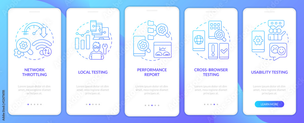 Mobile first design testing blue gradient onboarding mobile app screen. Walkthrough 5 steps graphic instructions with linear concepts. UI, UX, GUI template. Myriad Pro-Bold, Regular fonts used