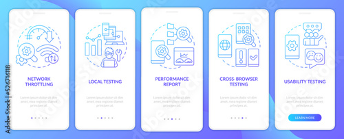 Mobile first design testing blue gradient onboarding mobile app screen. Walkthrough 5 steps graphic instructions with linear concepts. UI, UX, GUI template. Myriad Pro-Bold, Regular fonts used