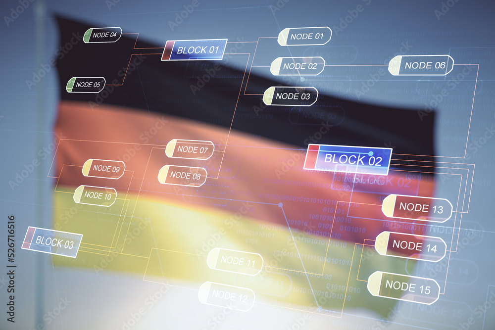 Double exposure of abstract programming language interface on German flag and blue sky background, research and development concept