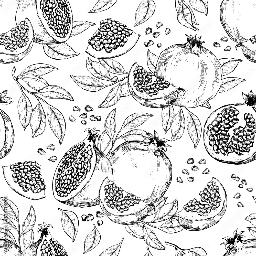 Seamless pattern with pomegranate fruits, seeds and branches. Black and white hand drawn vector illustration.