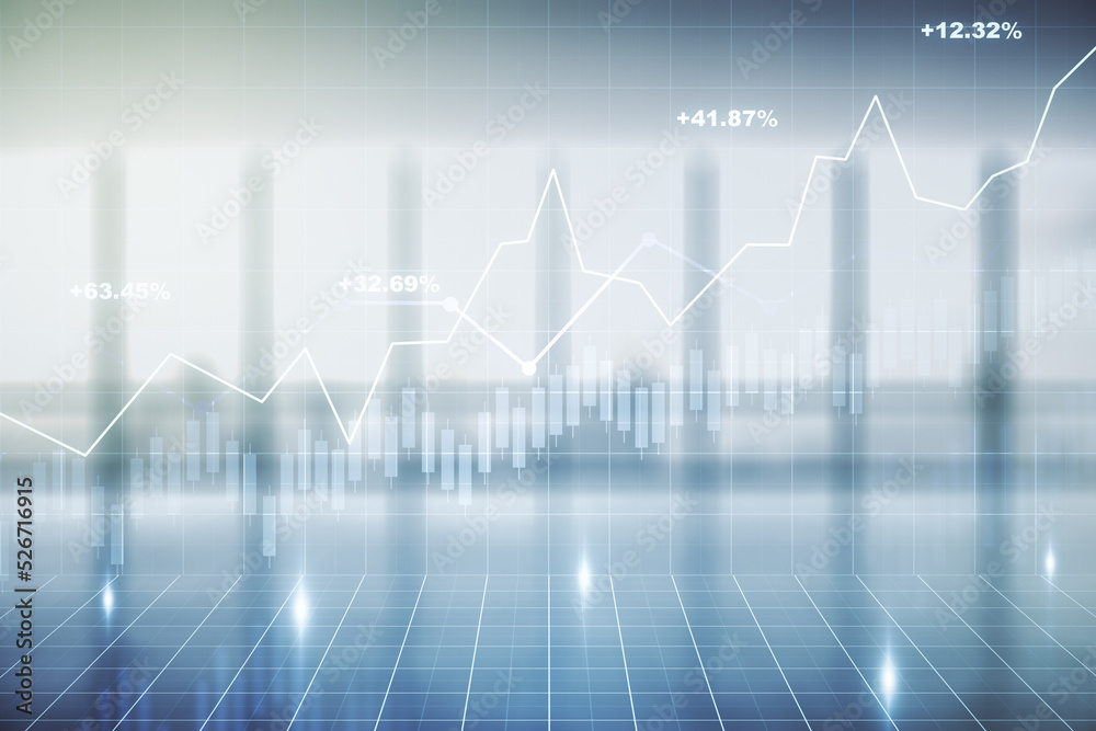Multi exposure of virtual abstract financial diagram on abstract empty interior background, banking and accounting concept Multi exposure of virtual abstract financial diagram on abstract empty interior background, banking and accounting concept