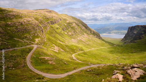 View down the Applecross Pass towards Loch Kishorn. Route popular with people driving the NC500.