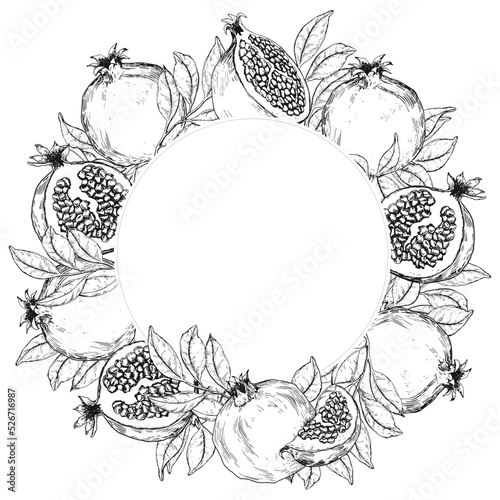Round frame with pomegranate fruits and leaves. Black and white hand drawn vector illustration.