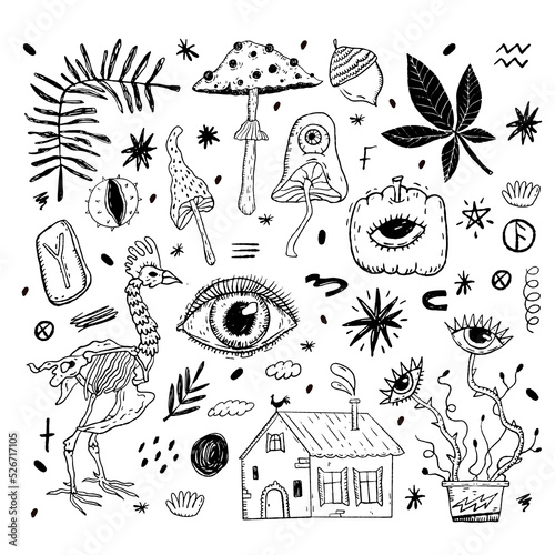Autumn. A mystical vector collection of hand-drawn illustrations. Suitable for creating banner, posters, prints, fabric, ui elements