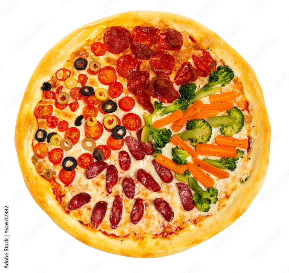 Pizza for your menu, pizza mockup, isolated pizza, pizza with salami, vegetables, sausages, broccoli, carrot, tomato, olives