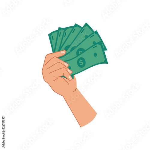 Green dollar banknotes in hand, isolated palm with paper money for paying. Giving loan, saving financial assets or exchanging, wealthy person with cash. Flat cartoon style vector illustration