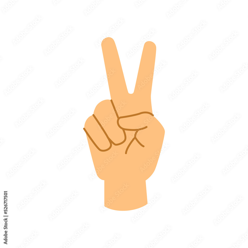 Hand gesture showing V sign, peace or victory meaning. Isolated palm with two fingers up, signal of freedom and positivity. Flat cartoon, vector in flat style Hand gesture showing V sign, peace or victory meaning. Isolated palm with two fingers up, signal of freedom and positivity. Flat cartoon, vector in flat style