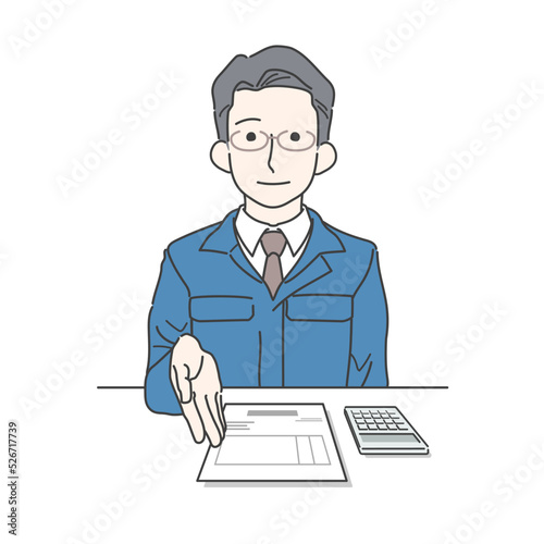 見積書を提示するビジネスパーソン　作業服　作業着　男性