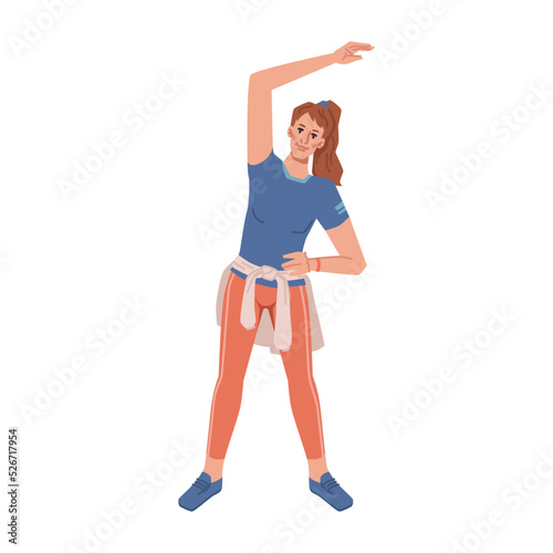 Cartoon person training stretching hand aside, yoga fitness classes. Vector flat cartoon personage doing sport exercises, sportsman training workout. Healthy lifestyle wellness wellbeing