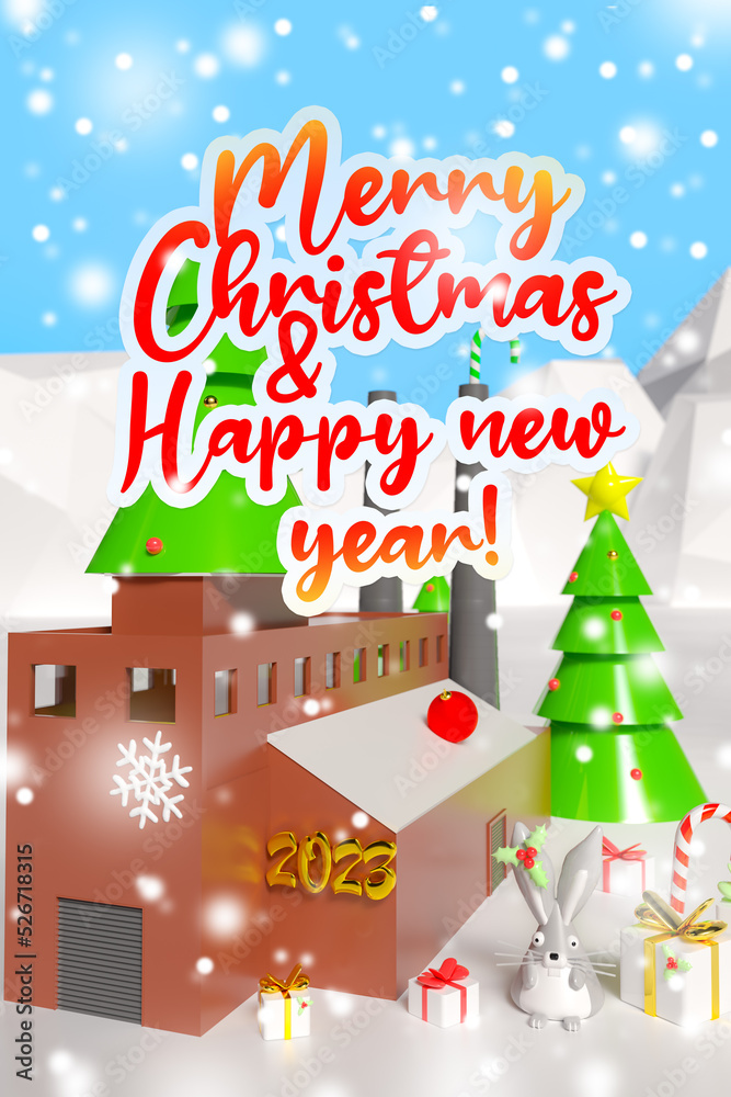 3d illustration with a warehouse or factory with Christmas trees and gifts. Festive background with text Merry Christmas and Happy New Year. Vertical banner template