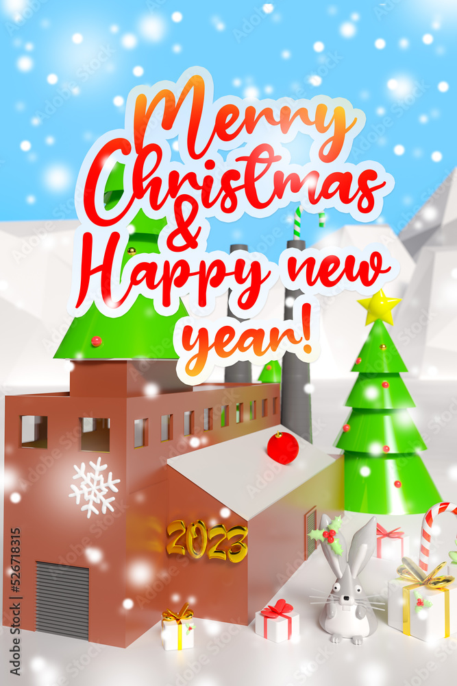 3d illustration with a warehouse or factory with Christmas trees and gifts. Festive background with text Merry Christmas and Happy New Year. Vertical banner template 3d illustration with a warehouse or factory with Christmas trees and gifts. Festive background with text Merry Christmas and Happy New Year. Vertical banner template