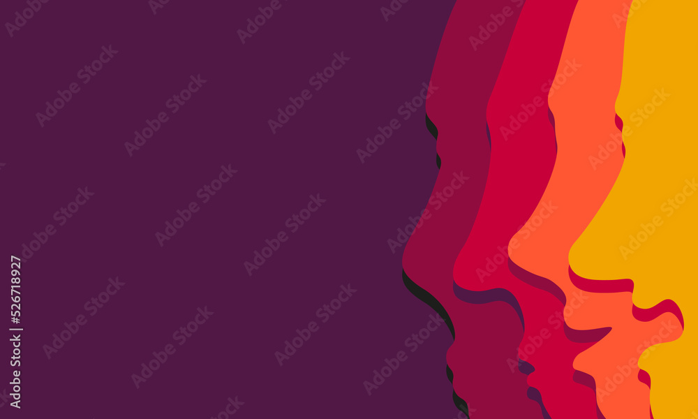 Four different human faces. Color flow towards the smiling person. Human character background in orange, yellow, red and purple tones. It can be used in many areas such as theater, poster, template.