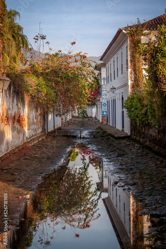 Vista para as ruas de Paraty com agua refletindo a fachada dos casaroes antigos.