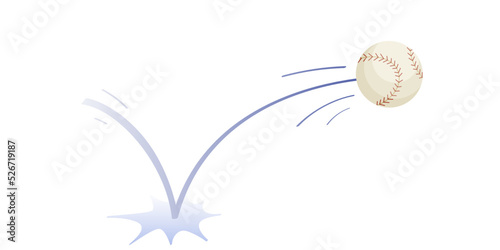 Bouncing baseball game ball with trajectory jumps on the ground. Bascketball accessories. Bounce ball. Sport playing equipment. Baseball game symbol. Flat vector isolated design element