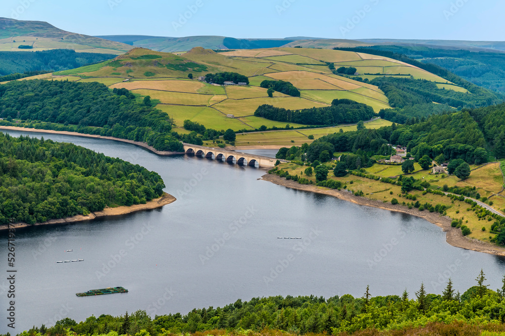 A view from top of Bamford Edge towards the side of Ladybower reservoir, UK in summertime
