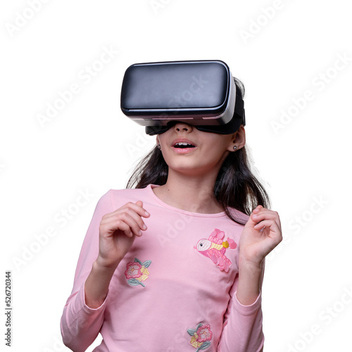 VR glasses   little girl with virtual reality headset. Innovation technology and education concept. Funny girl using a virtual reality headset isolated on white background