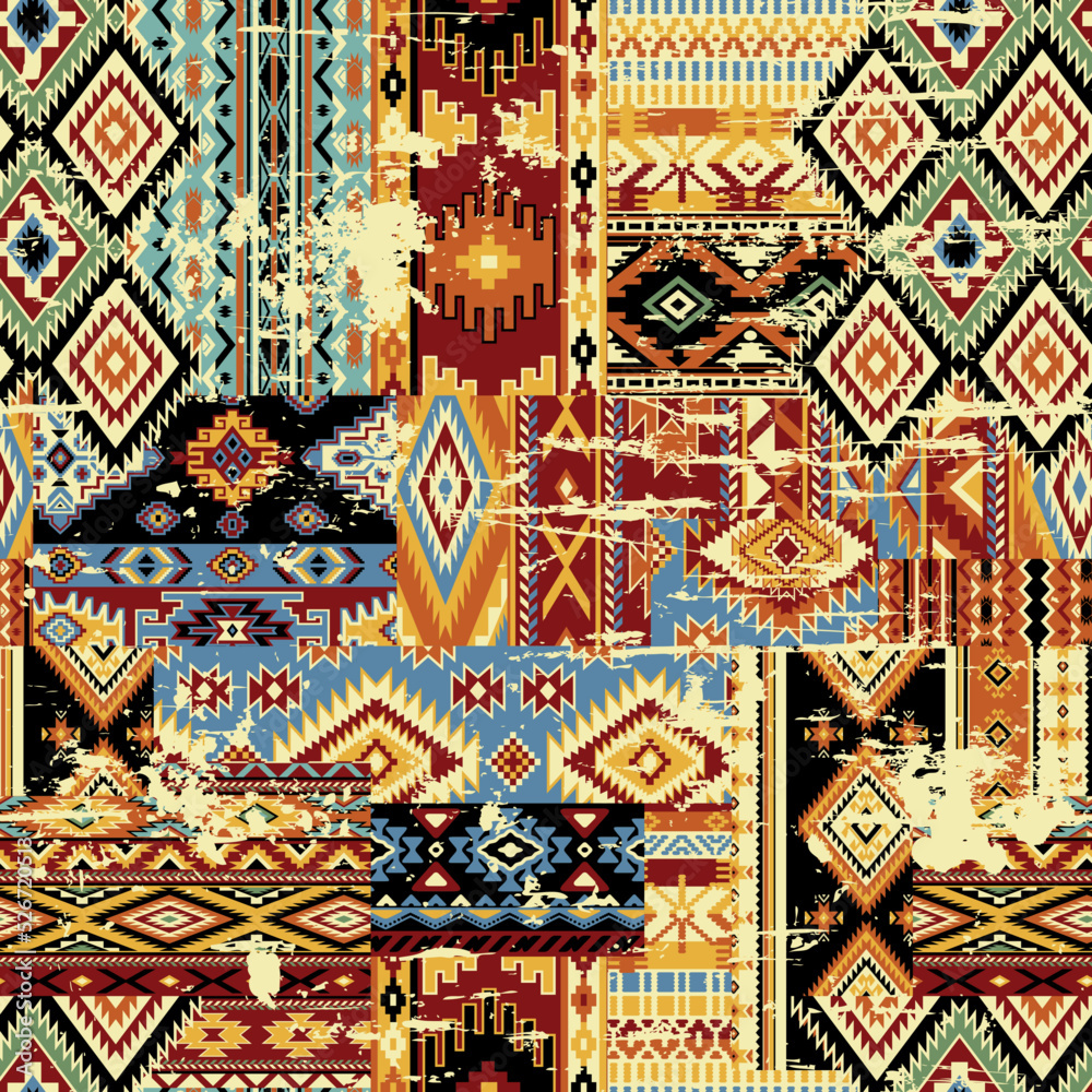 Native American traditional fabric patchwork wallpaper abstract vector seamless pattern grunge effect in separate layer - obrazy, fototapety, plakaty 