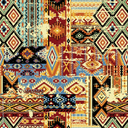 Native American traditional fabric patchwork wallpaper abstract vector seamless pattern grunge effect in separate layer