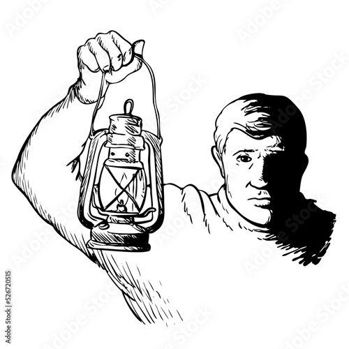 gas crysis, energy issue, man holding petroleum gas lamp, dark winter symbol, metapher, hand dravn vector, black white