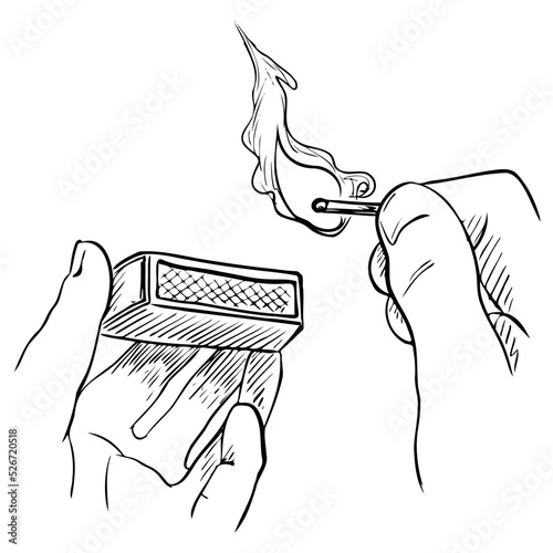 hands lighting up the matches, burning match and matchbox, line art, hand drawn vector illustration