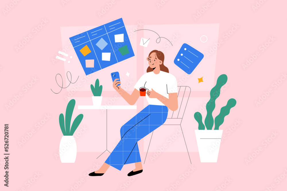 Young woman uses smartphone, digital planner, takes notes, uses personal calendar application, makes check-lists, manages her project, holds cup, drinks coffee in a cafe, vector character illustration Young woman uses smartphone, digital planner, takes notes, uses personal calendar application, makes check-lists, manages her project, holds cup, drinks coffee in a cafe, vector character illustration