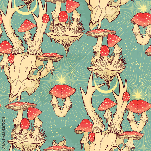 Deer skull with fly agaric vector seamless pattern