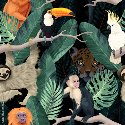 Seamless pattern with exotic trees and animals